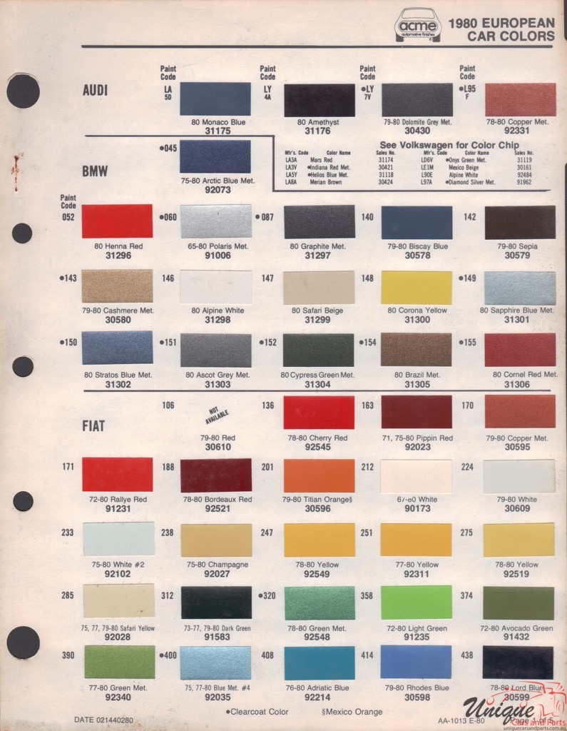 1980 Audi Paint Charts Acme